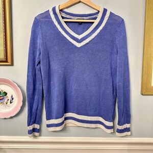 Talbots Linen Tennis Prep Preppy Blue Sweater Size Small Petite Collegiate Money